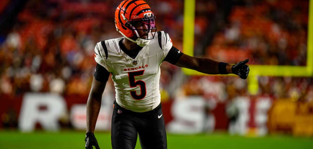 Tee Higgins on the field in a Bengals uniform after returning from injury
