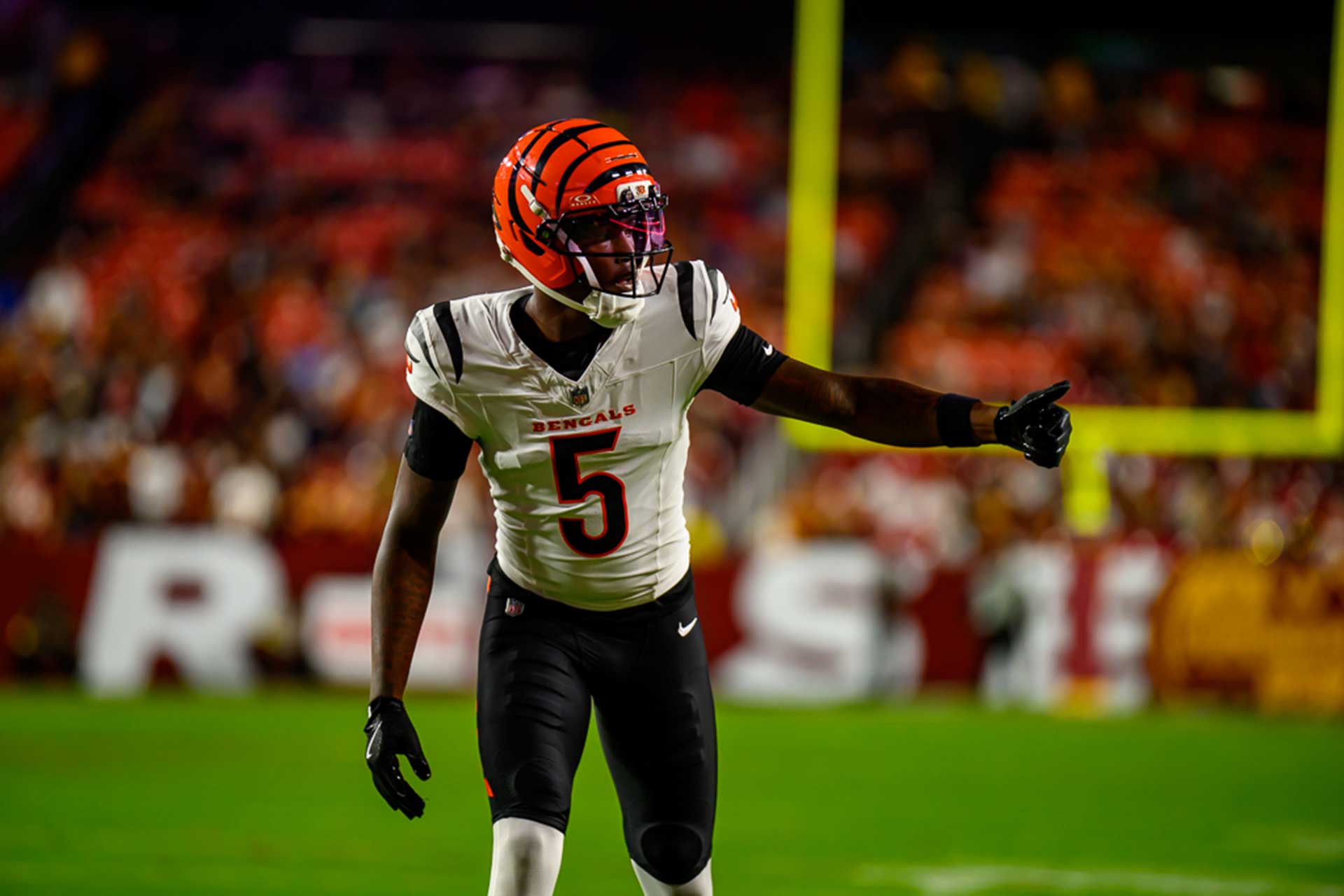 Tee Higgins on the field in a Bengals uniform after returning from injury
