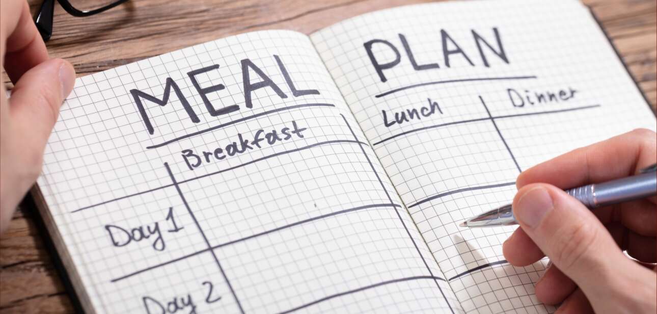 Colorful meal plan with prepped lunches, fresh produce, and balanced portions designed for sustainable weight loss