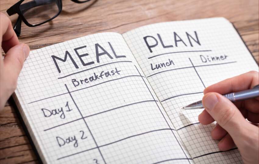 Colorful meal plan with prepped lunches, fresh produce, and balanced portions designed for sustainable weight loss