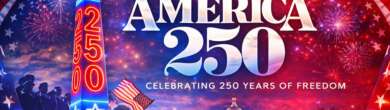 America250 graphic showing the Washington Monument illuminated with “250,” fireworks, and patriotic red, white, and blue imagery celebrating the United States’ 250th anniversary