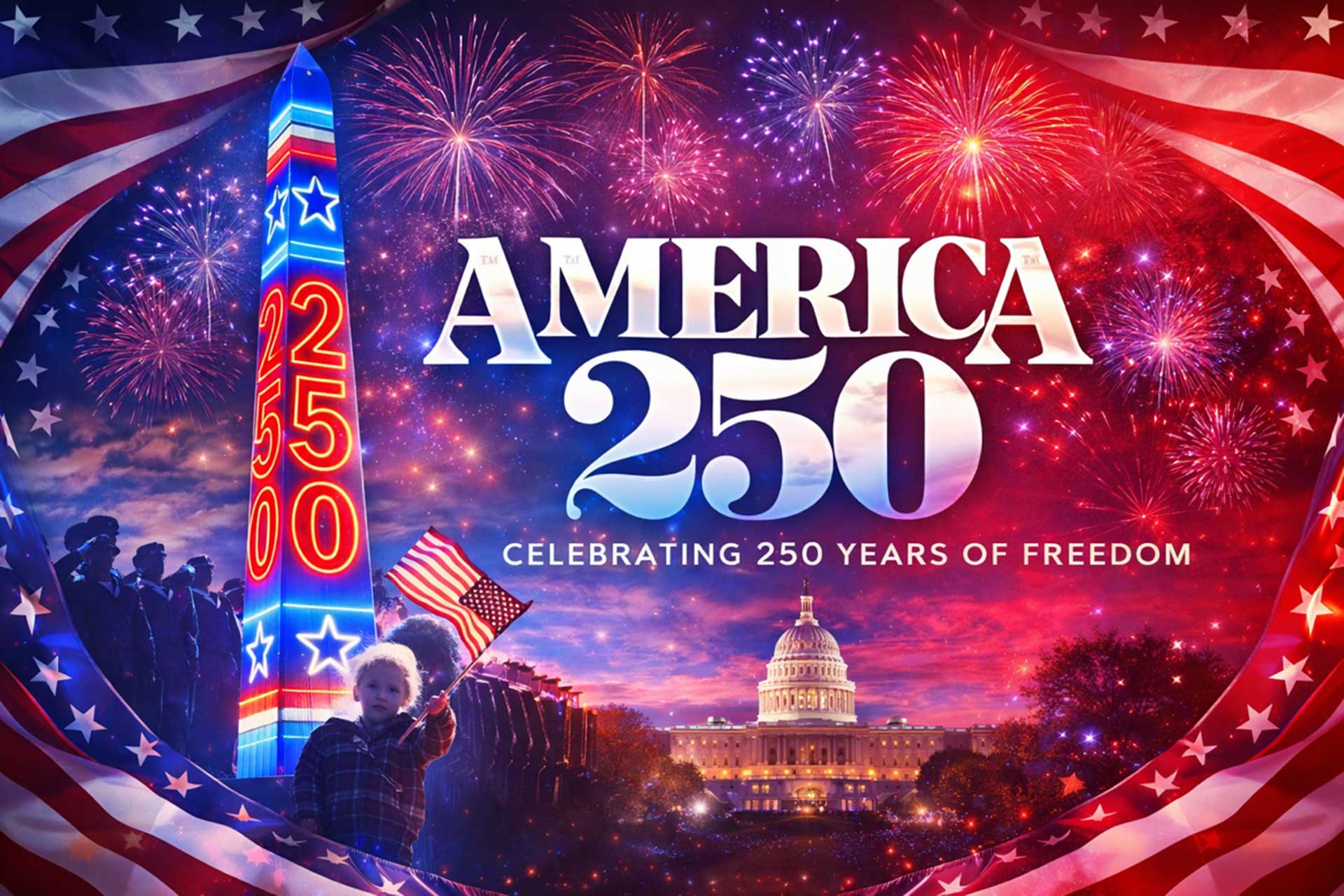 America250 graphic showing the Washington Monument illuminated with “250,” fireworks, and patriotic red, white, and blue imagery celebrating the United States’ 250th anniversary