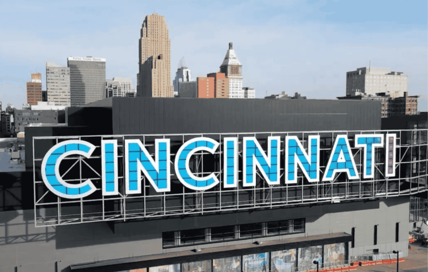 Rendering of the newly unveiled Cincinnati Convention Center renovation featuring a large "CINCINNATI" marquee sign on the exterior.
