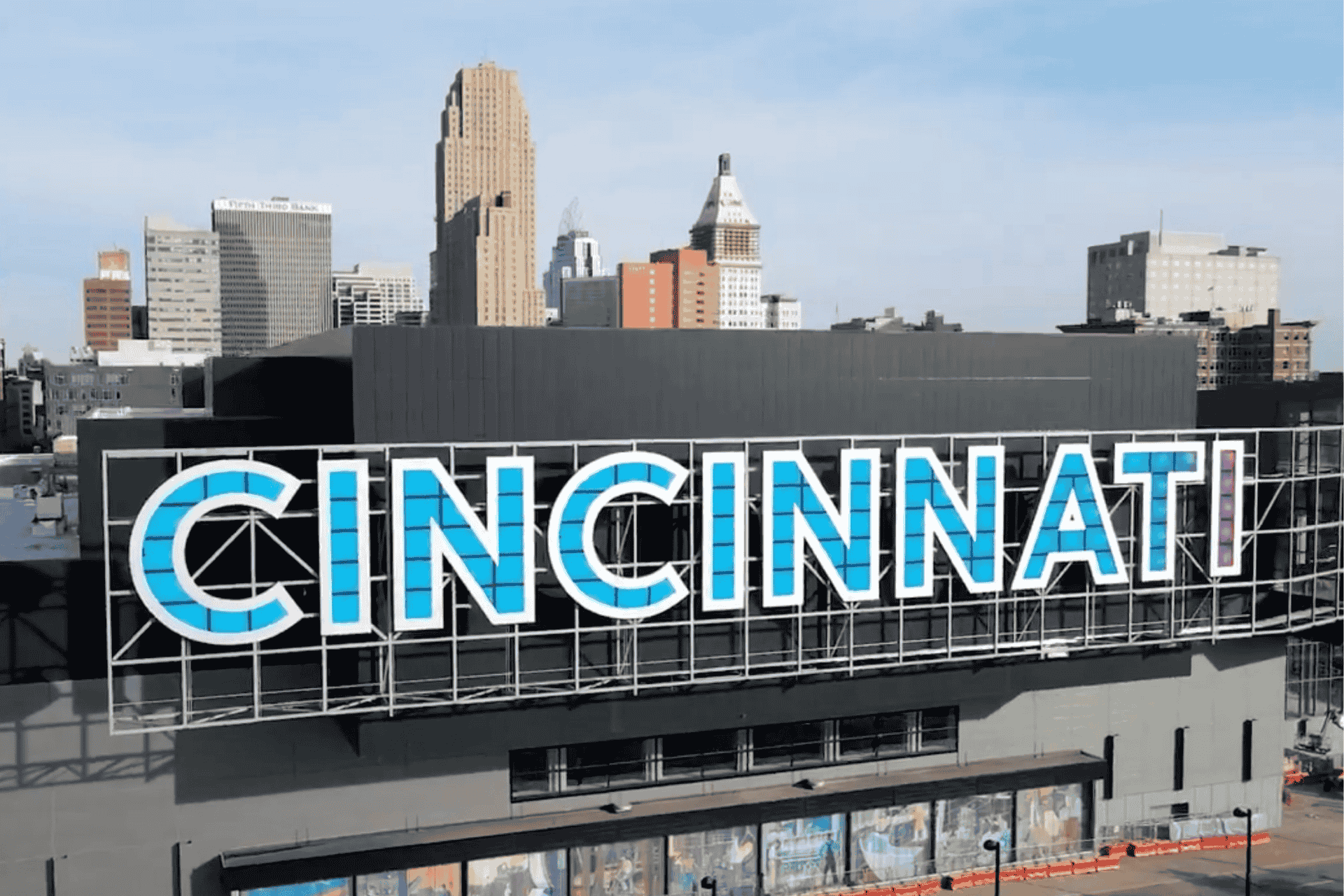 Rendering of the newly unveiled Cincinnati Convention Center renovation featuring a large "CINCINNATI" marquee sign on the exterior.