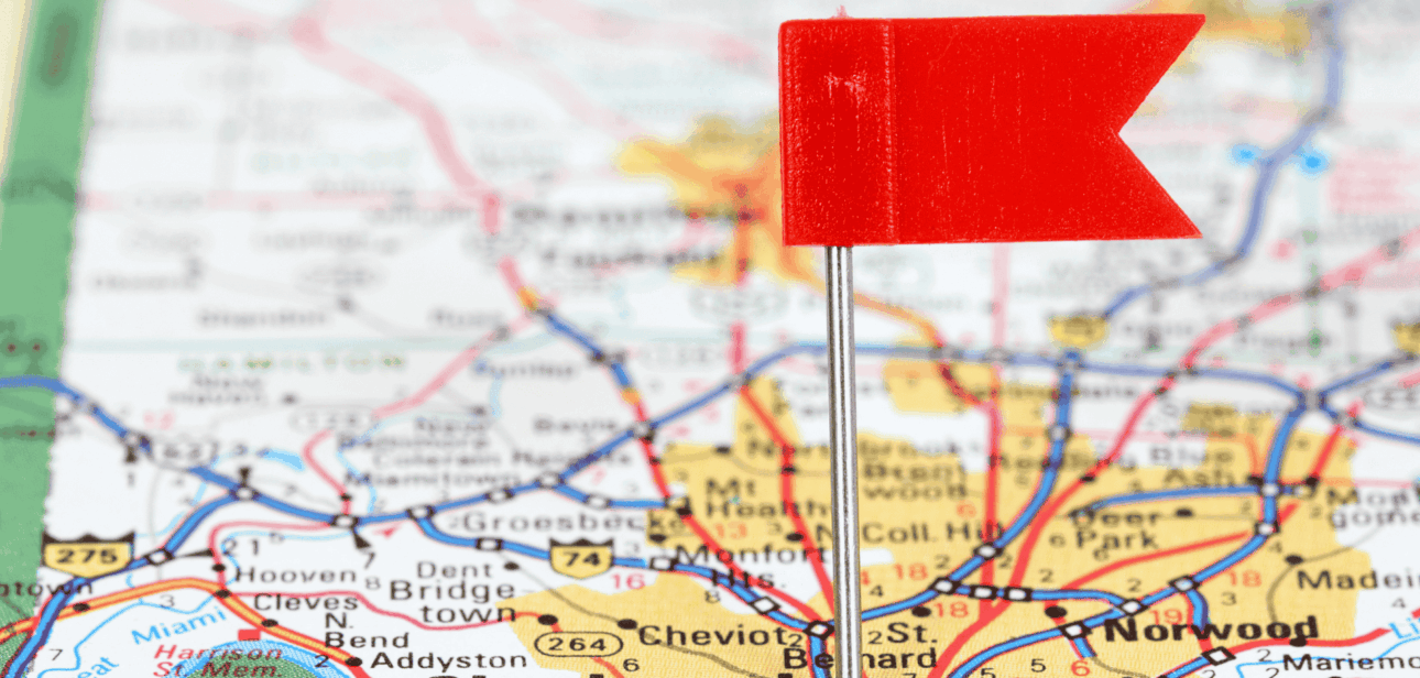 Map of Cincinnati area with a red marker indicating regional employment growth zones in construction and healthcare.