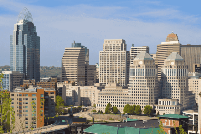 Downtown Cincinnati skyline featuring the Great American Tower and major commercial skyscrapers, illustrating the city's office market and real estate trends.