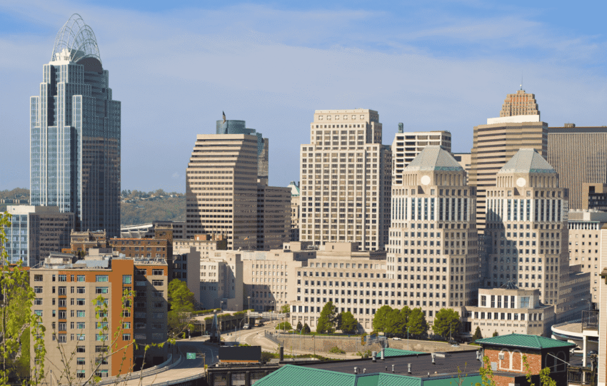 Downtown Cincinnati skyline featuring the Great American Tower and major commercial skyscrapers, illustrating the city's office market and real estate trends.