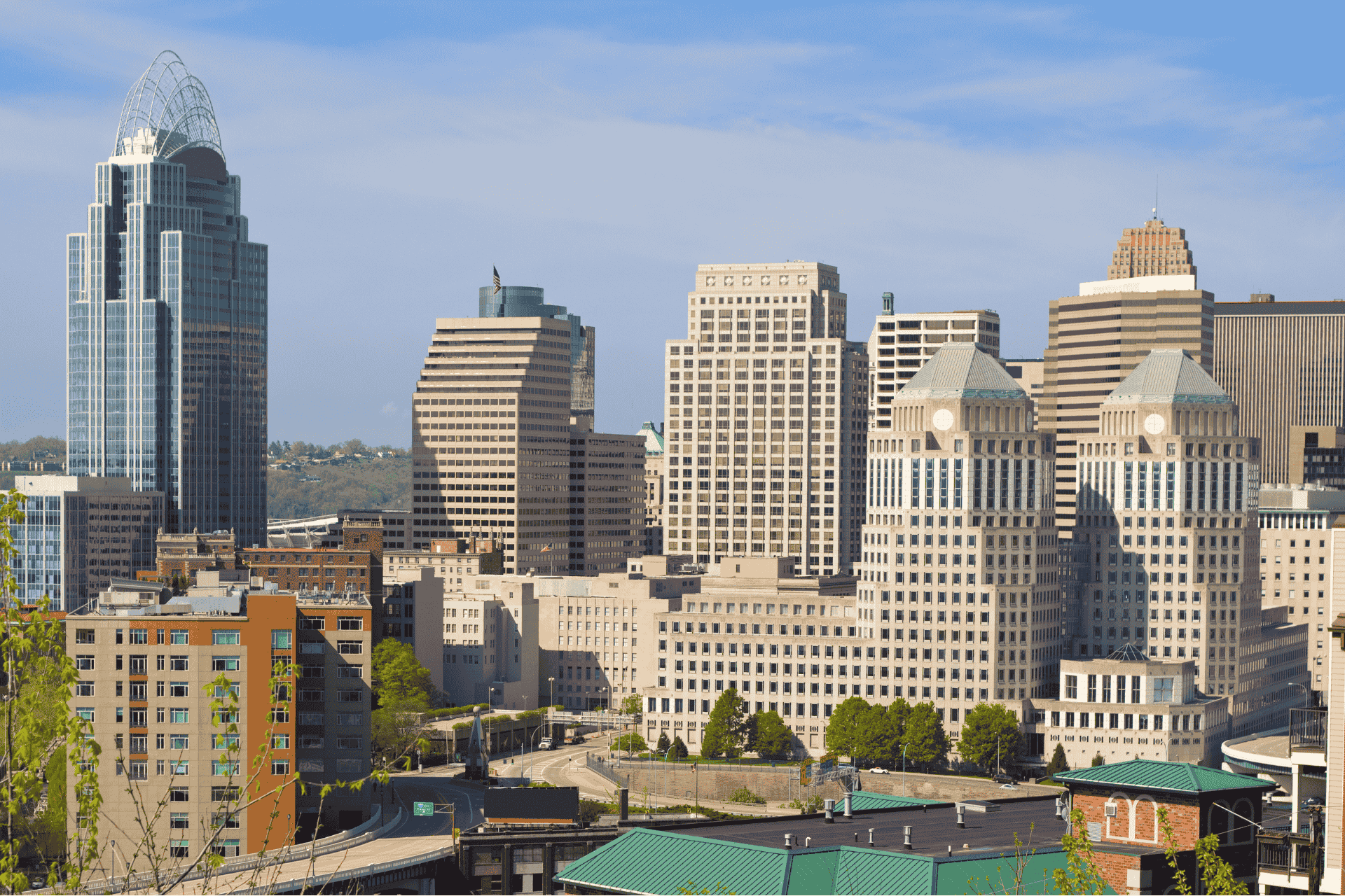 Downtown Cincinnati skyline featuring the Great American Tower and major commercial skyscrapers, illustrating the city's office market and real estate trends.