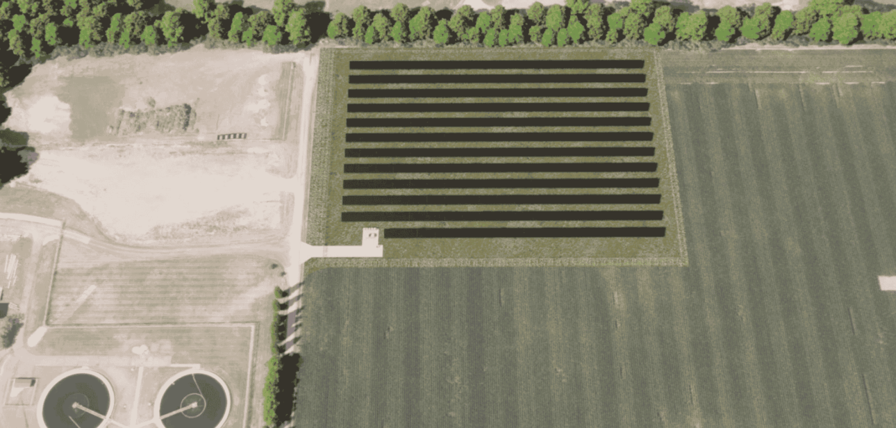Aerial view of the solar array installation at the Fairfield Wastewater Treatment Plant in Fairfield, Ohio.