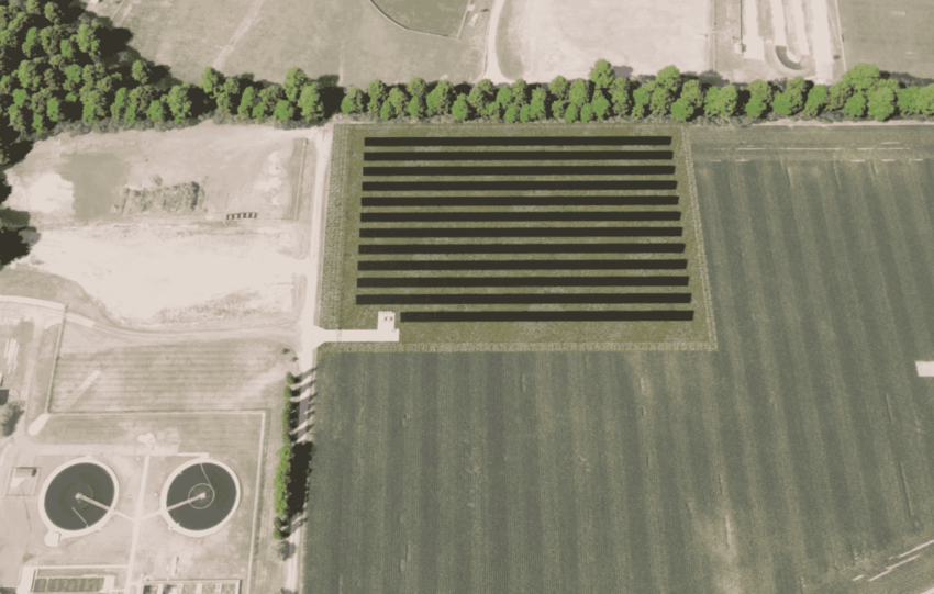 Aerial view of the solar array installation at the Fairfield Wastewater Treatment Plant in Fairfield, Ohio.