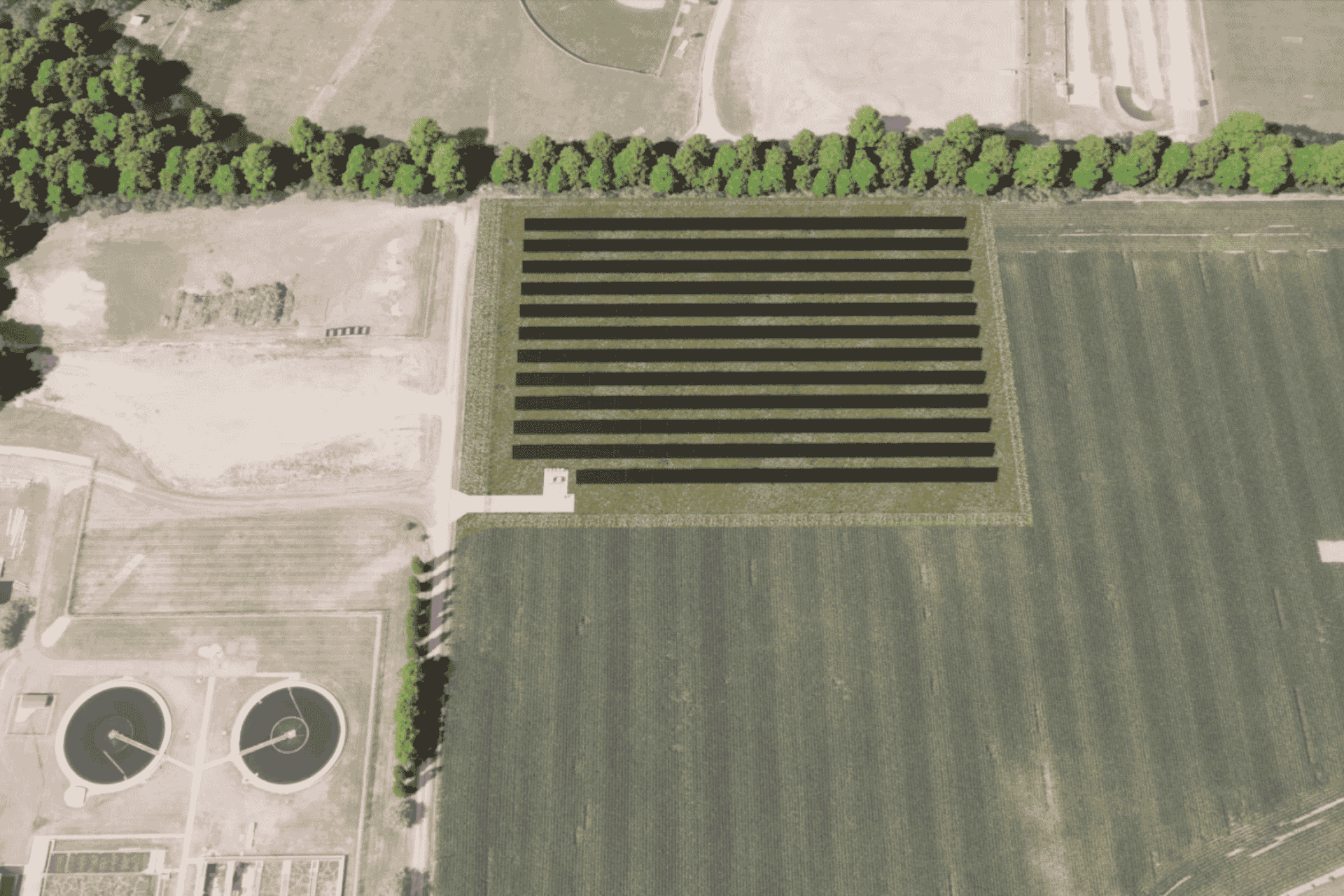 Aerial view of the solar array installation at the Fairfield Wastewater Treatment Plant in Fairfield, Ohio.