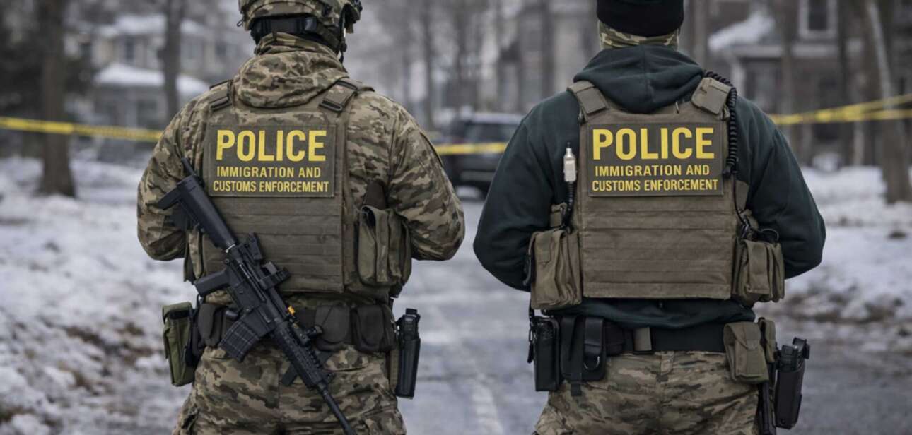 Two federal immigration enforcement officers stand on a snowy Minneapolis street following ICE shooting