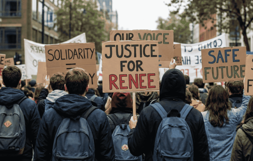 Demonstrators holding signs reading "Justice for Renee" during ICE shooting protests in downtown Cincinnati.