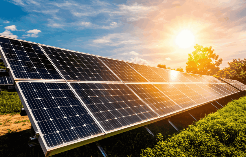 Solar panels installed at a landfill solar project in Cincinnati, Ohio, capturing sunlight in a green field.