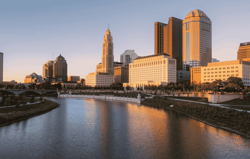 Downtown Columbus skyline overlooking the Scioto River, serving as the backdrop for 2026 Ohio Capital Budget legislative sessions.
