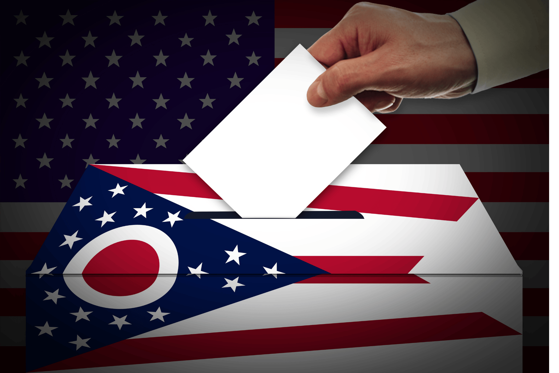 A close-up of a hand placing a white ballot paper into a ballot box, featuring a graphic of the Ohio state flag and the United States flag.