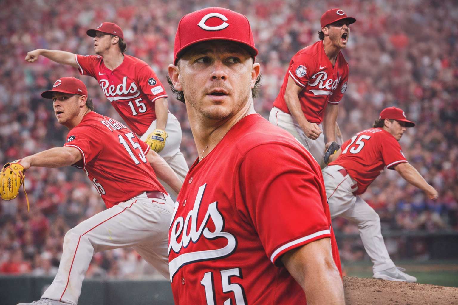 Reds offseason bullpen addition Emilio Pagán pitching for the Cincinnati Reds in multiple action poses during a game.