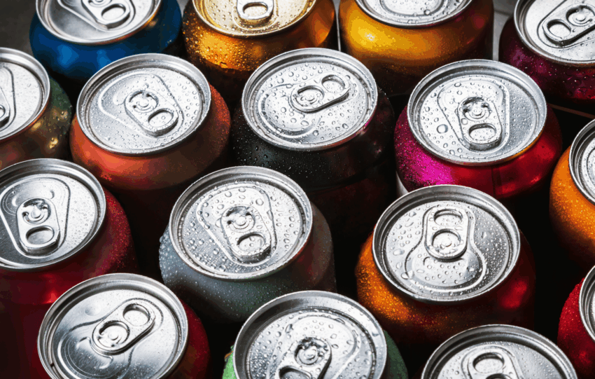 A top-down view of several colorful soda cans grouped together, illustrating sugar-sweetened beverages subject to SNAP ban proposals.