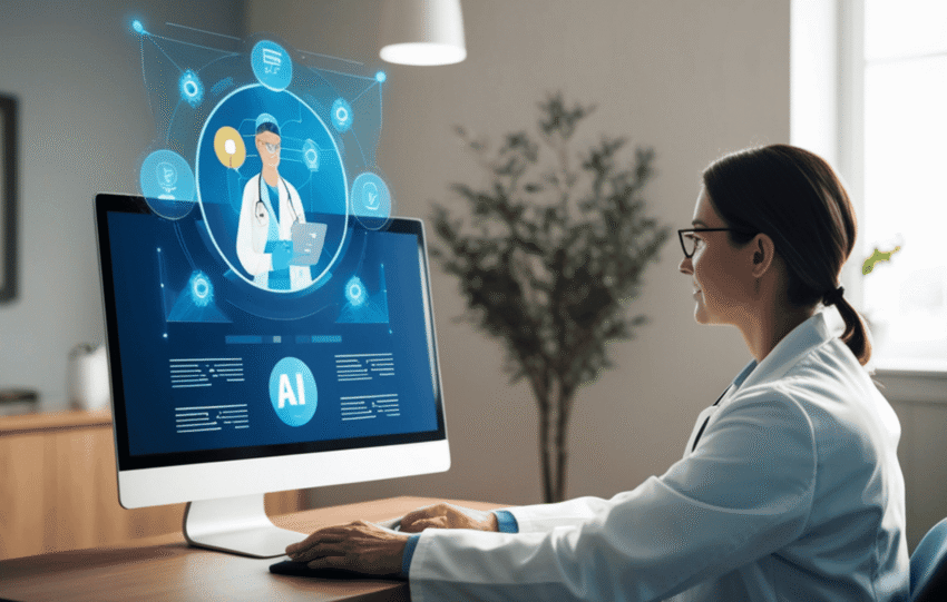 A medical professional looking at a futuristic digital screen displaying human anatomy, illustrating AI in medical training at the University of Cincinnati.