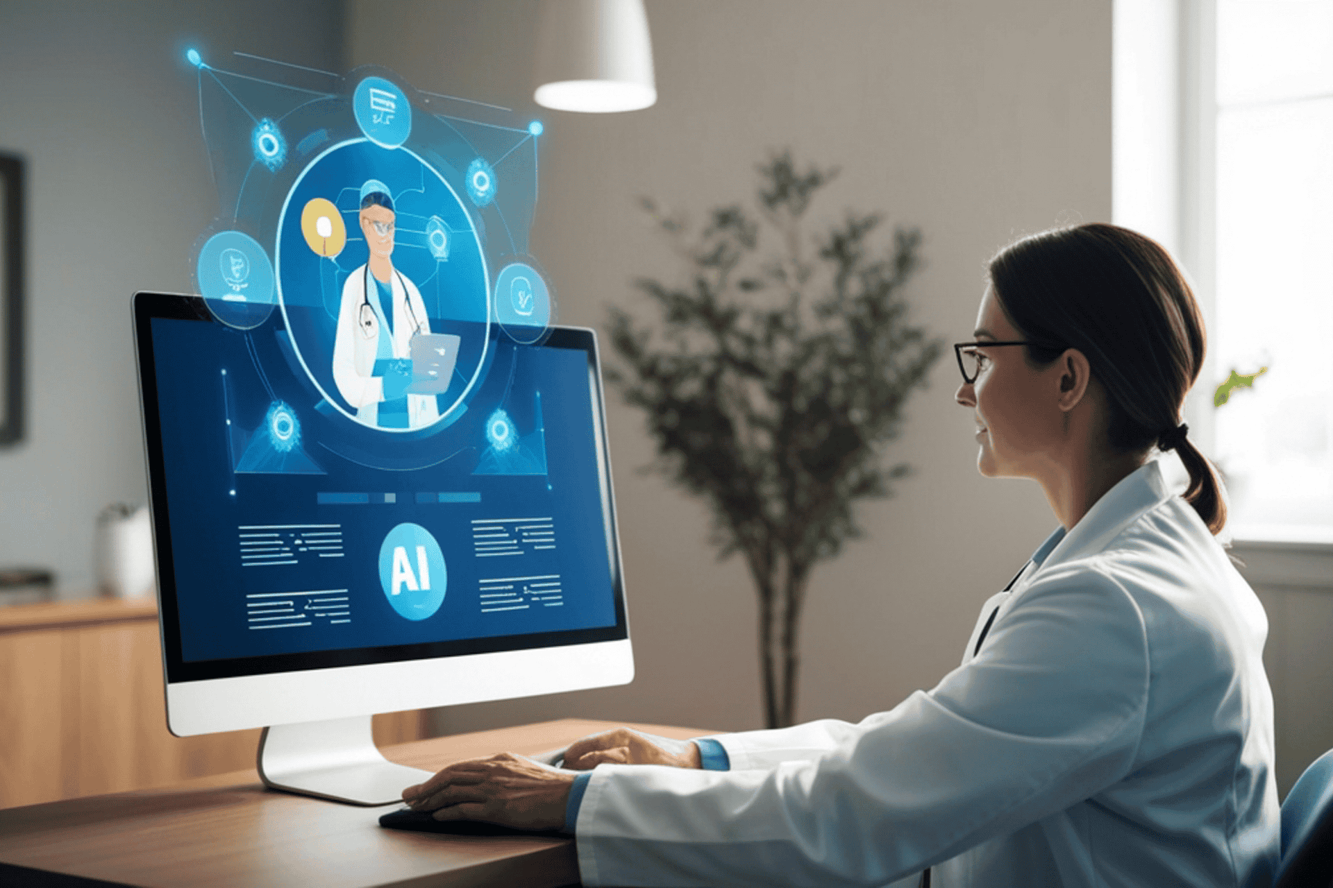 A medical professional looking at a futuristic digital screen displaying human anatomy, illustrating AI in medical training at the University of Cincinnati.