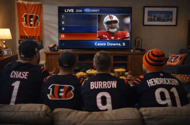 Cincinnati Bengals fans in a living room watching the 2026 NFL Draft on television as the No. 10 overall pick is announced.