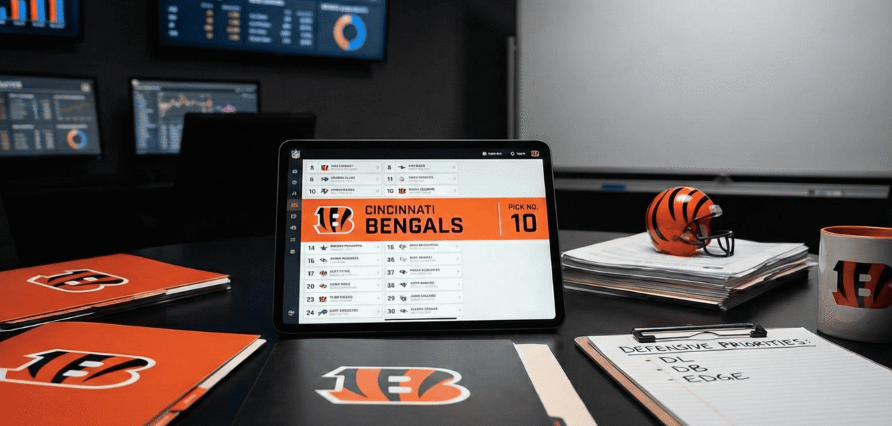 Alt Text: Cincinnati Bengals 2026 NFL draft board setup with a tablet showing pick No. 10 and a notebook listing defensive priorities for DL, DB, and EDGE.