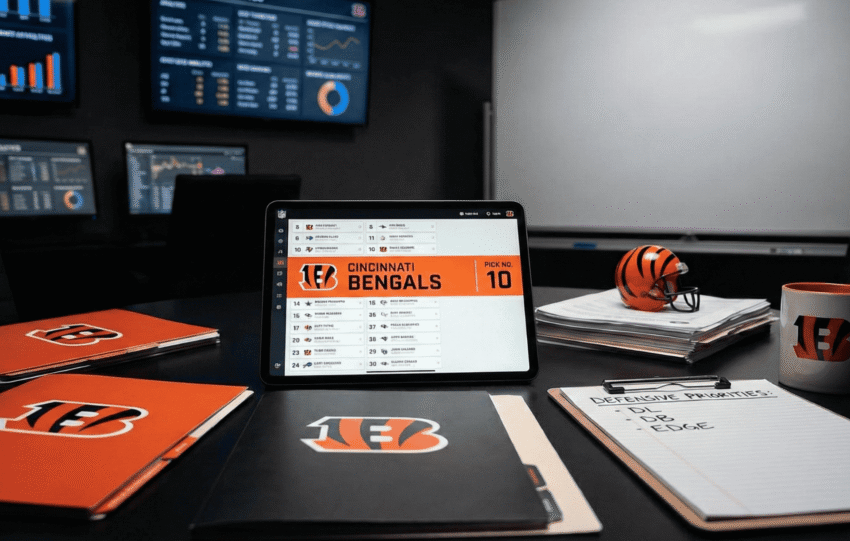 Alt Text: Cincinnati Bengals 2026 NFL draft board setup with a tablet showing pick No. 10 and a notebook listing defensive priorities for DL, DB, and EDGE.