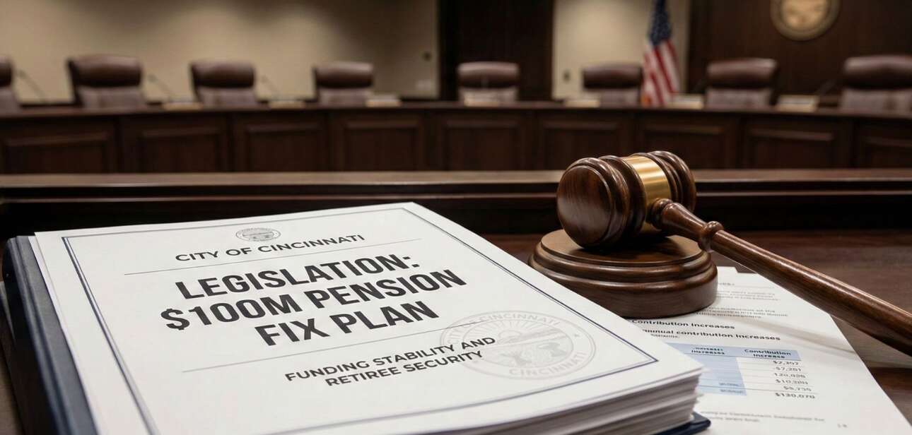 A document binder titled "Legislation $100M Pension Fix Plan" resting next to a wooden gavel on a desk in the Cincinnati City Council chambers.