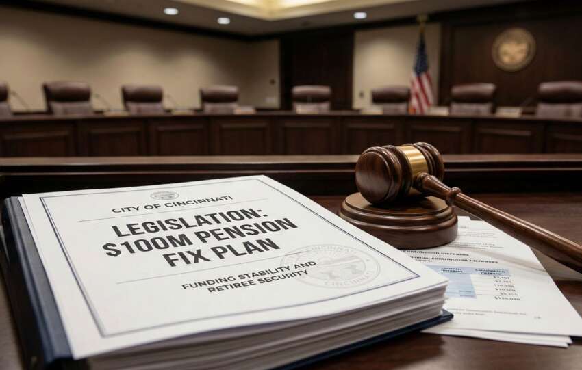 A document binder titled "Legislation $100M Pension Fix Plan" resting next to a wooden gavel on a desk in the Cincinnati City Council chambers.