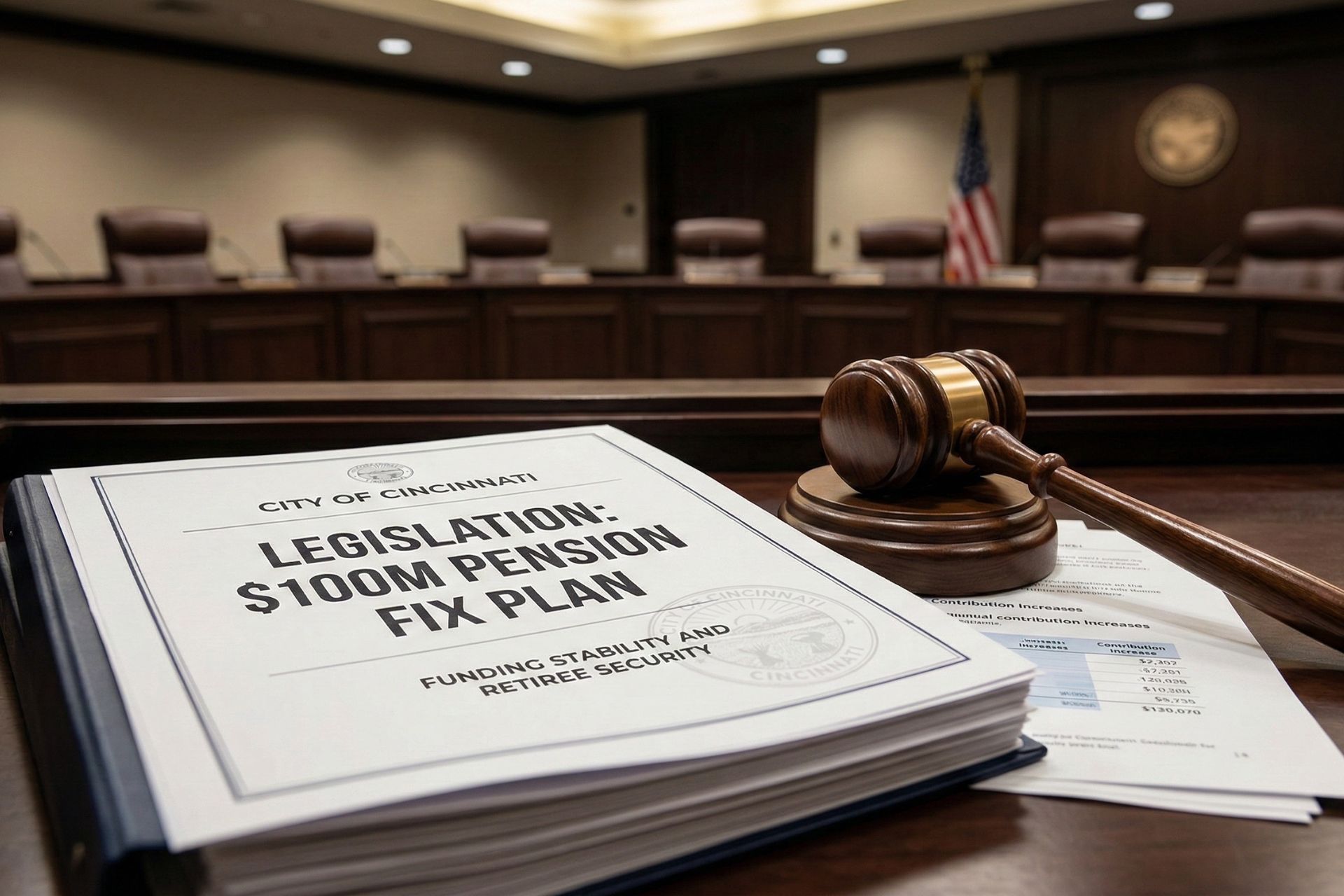 A document binder titled "Legislation $100M Pension Fix Plan" resting next to a wooden gavel on a desk in the Cincinnati City Council chambers.