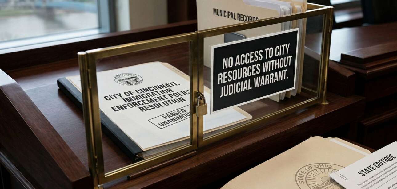 A brass-framed sign on a desk reading "No Access to City Resources Without Judicial Warrant," reflecting Cincinnati's policy limiting federal access to municipal property.