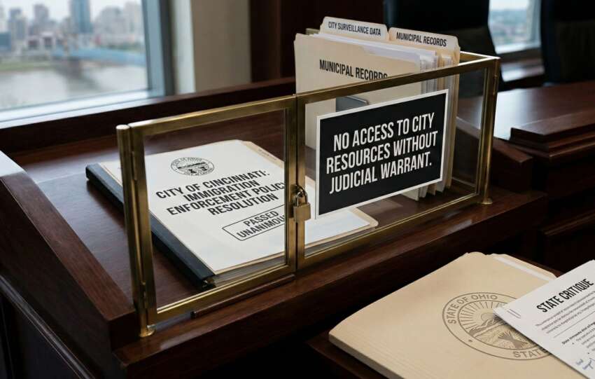 A brass-framed sign on a desk reading "No Access to City Resources Without Judicial Warrant," reflecting Cincinnati's policy limiting federal access to municipal property.
