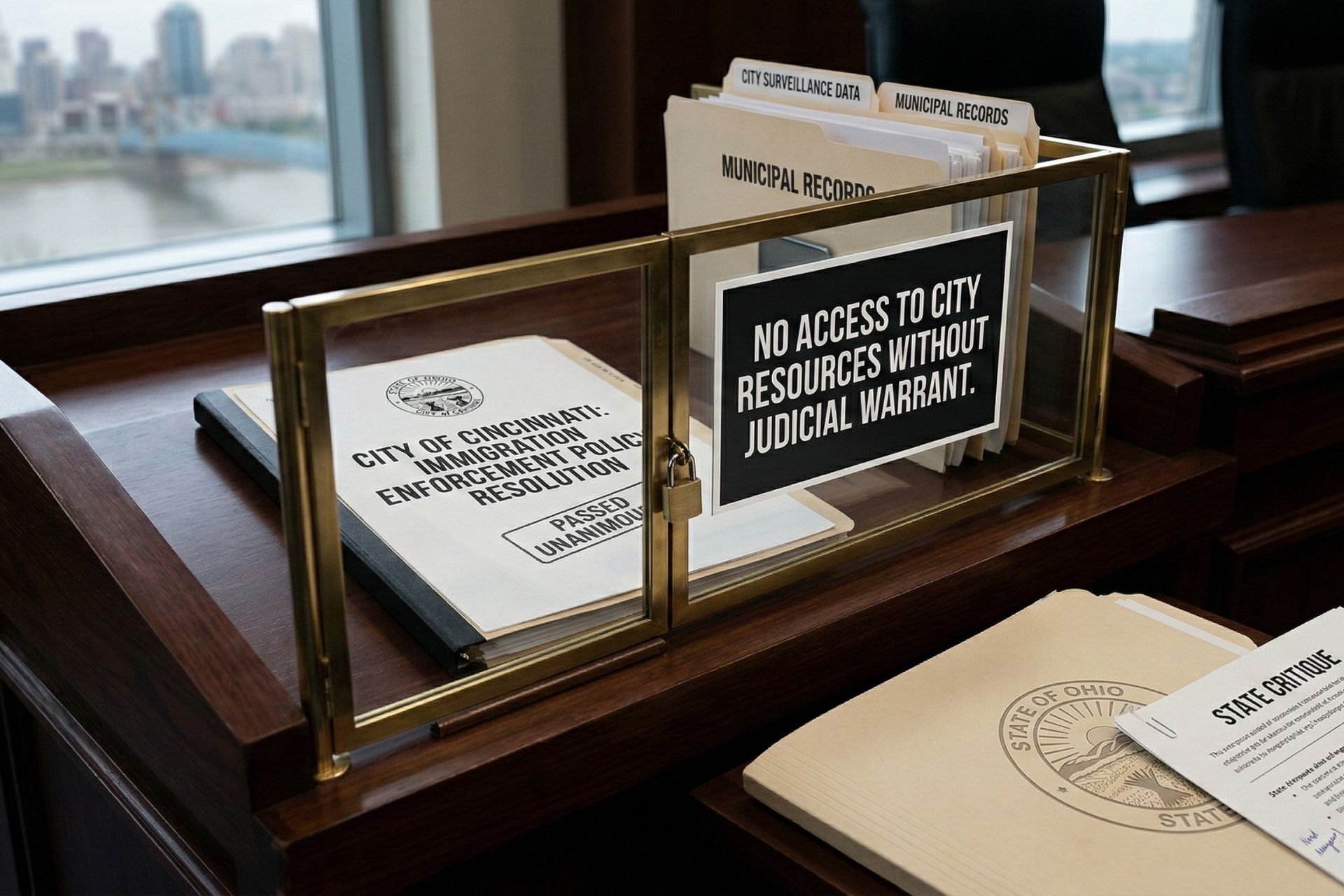 A brass-framed sign on a desk reading "No Access to City Resources Without Judicial Warrant," reflecting Cincinnati's policy limiting federal access to municipal property.