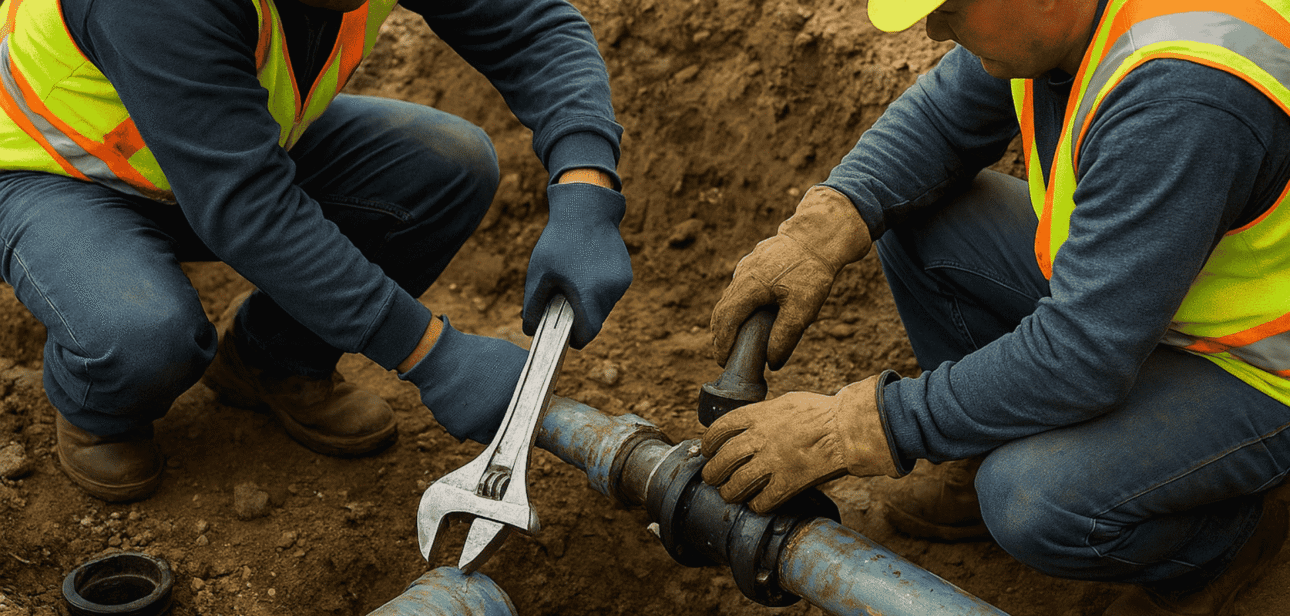 Two construction workers in safety vests and hard hats replacing a lead water pipe in a trench in Cincinnati.