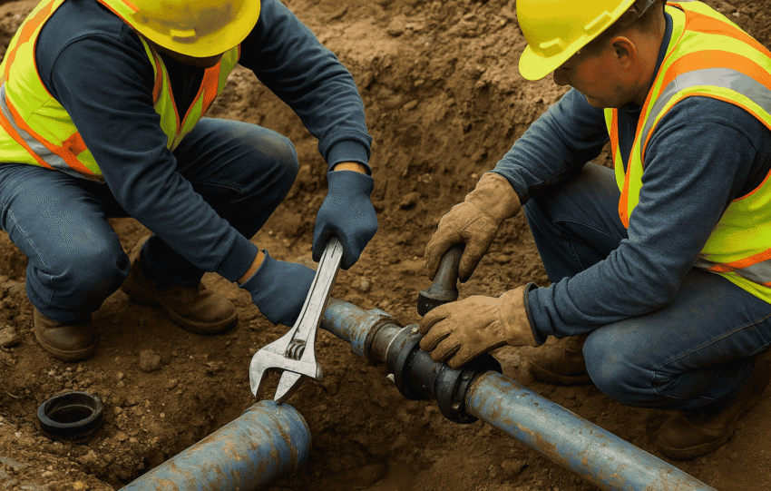 Two construction workers in safety vests and hard hats replacing a lead water pipe in a trench in Cincinnati.