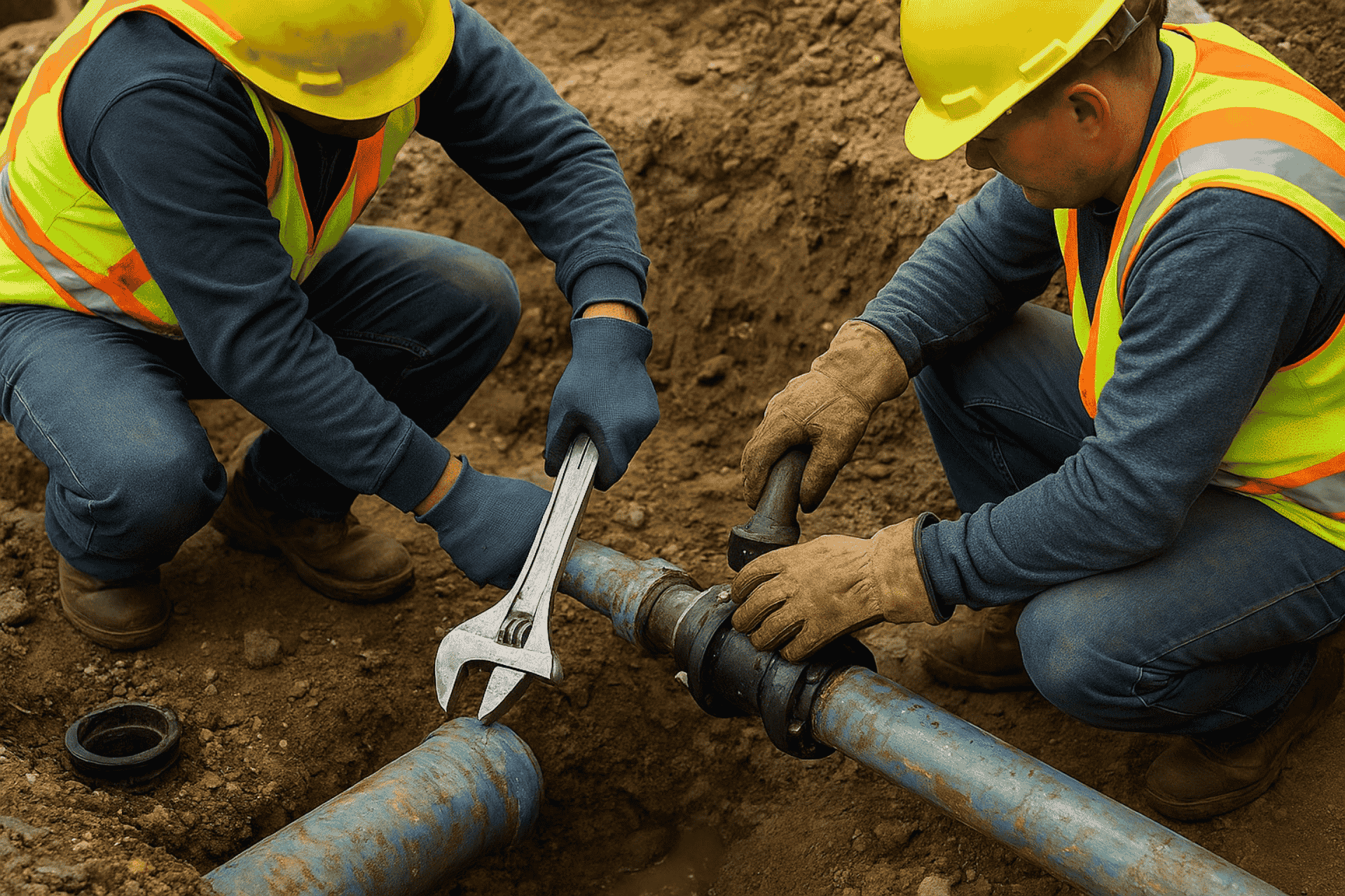 Two construction workers in safety vests and hard hats replacing a lead water pipe in a trench in Cincinnati.