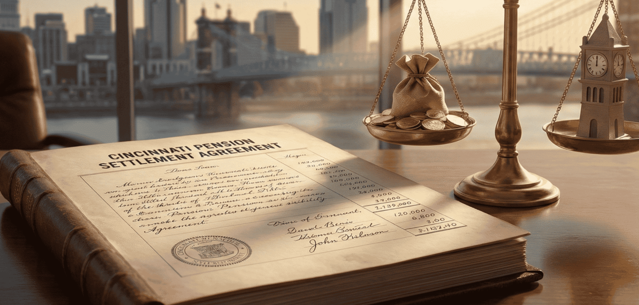 An illustration of a Cincinnati Pension Settlement Agreement document alongside scales of justice and a money bag, set against the Cincinnati skyline.