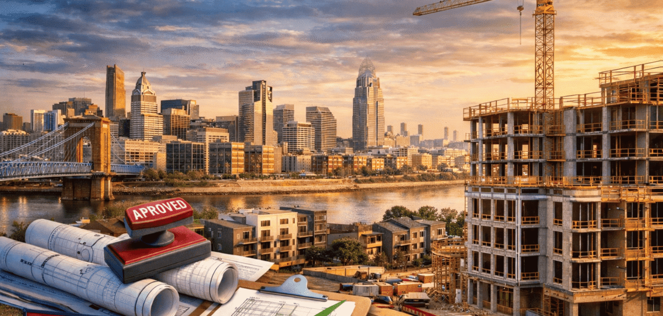 Illustration of the Cincinnati skyline featuring a construction crane, building blueprints, and an "approved" stamp, representing urban development and zoning reforms.