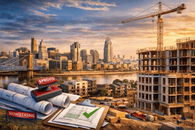 Illustration of the Cincinnati skyline featuring a construction crane, building blueprints, and an "approved" stamp, representing urban development and zoning reforms.