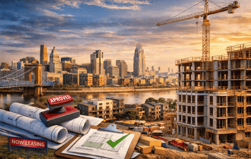 Illustration of the Cincinnati skyline featuring a construction crane, building blueprints, and an "approved" stamp, representing urban development and zoning reforms.