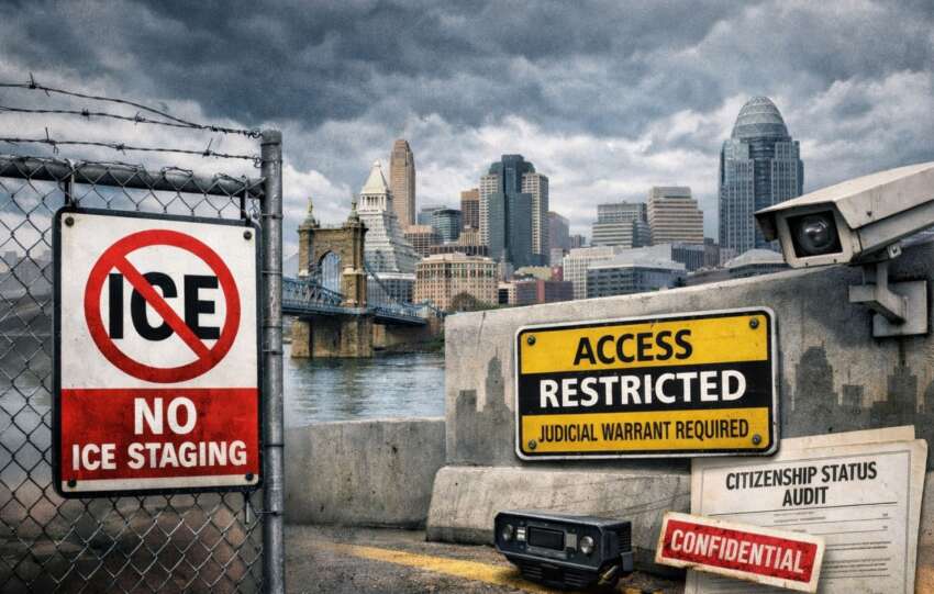 Graphic of the Cincinnati skyline behind a fence with "No ICE Staging" and "Access Restricted" signs, representing the city council restricting ICE on municipal property.