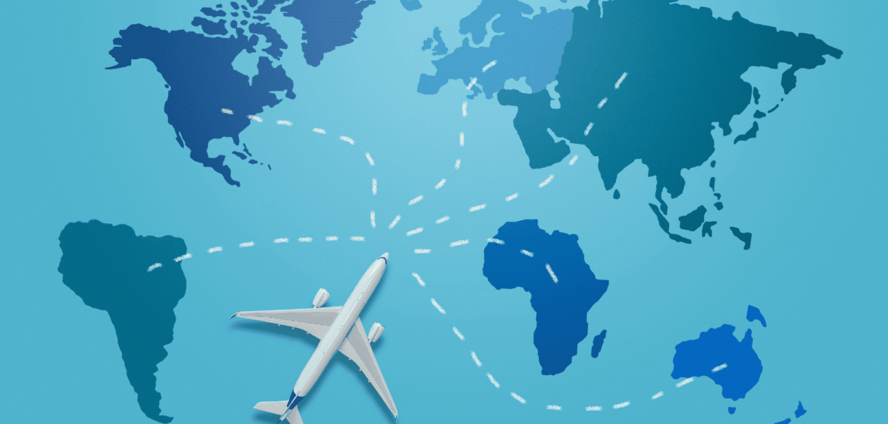 Map of the world showing international non-stop flight routes departing from Cincinnati/Northern Kentucky International Airport (CVG).