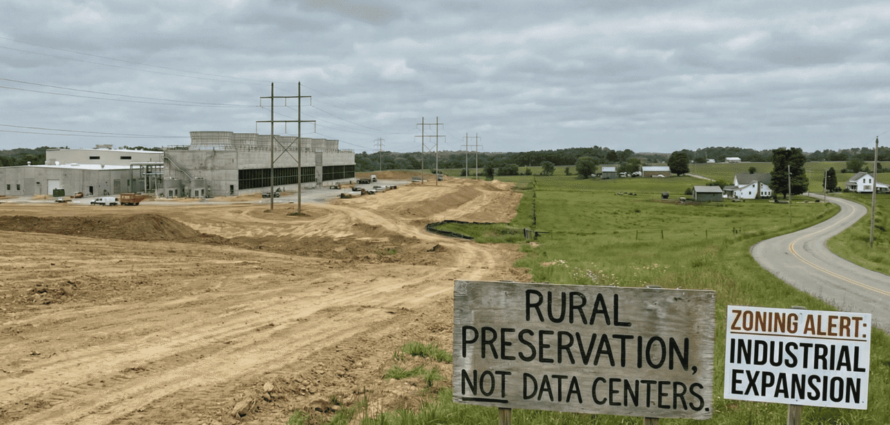 Construction site in Greater Cincinnati featuring a wooden sign that reads "Rural Preservation Not Data Centers" and "Zoning Alert: Industrial Expansion."