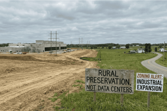 Construction site in Greater Cincinnati featuring a wooden sign that reads "Rural Preservation Not Data Centers" and "Zoning Alert: Industrial Expansion."