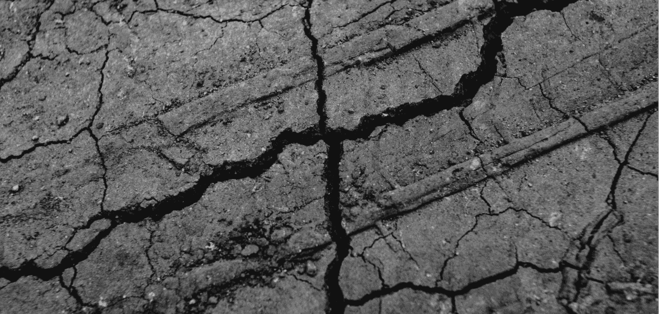 Black and white close-up of deeply cracked ground, illustrating seismic damage from the Highland County earthquake.