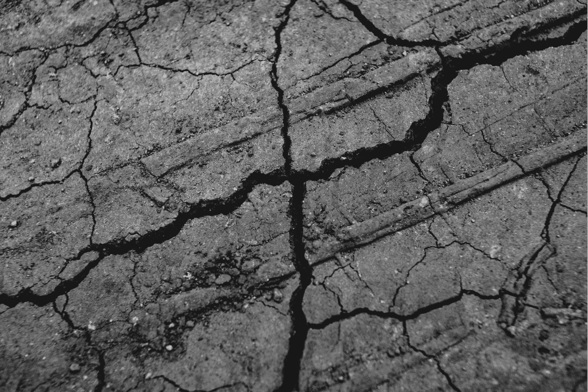 Black and white close-up of deeply cracked ground, illustrating seismic damage from the Highland County earthquake.