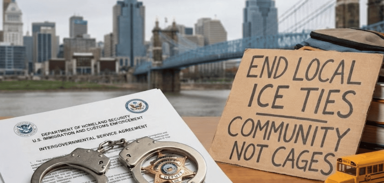 Handcuffs, an official ICE document, a toy school bus, and a cardboard protest sign reading "End Local ICE Ties, Community Not Cages" arranged in front of the downtown Cincinnati skyline and the John A. Roebling Suspension Bridge.