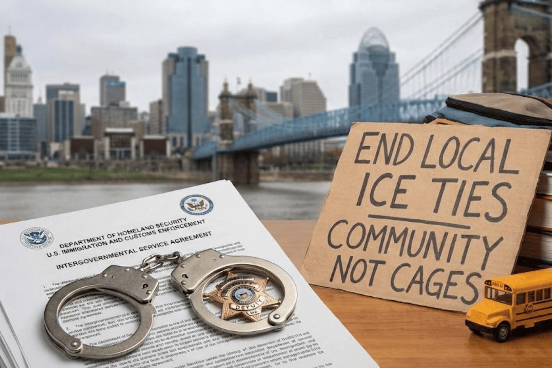 Handcuffs, an official ICE document, a toy school bus, and a cardboard protest sign reading "End Local ICE Ties, Community Not Cages" arranged in front of the downtown Cincinnati skyline and the John A. Roebling Suspension Bridge.