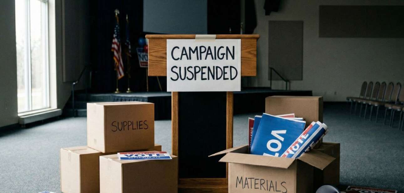Cardboard boxes and a sign reading "Campaign Suspended" in an empty room, representing the suspension of a Libertarian political campaign.