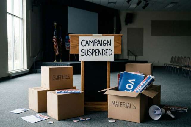 Cardboard boxes and a sign reading "Campaign Suspended" in an empty room, representing the suspension of a Libertarian political campaign.